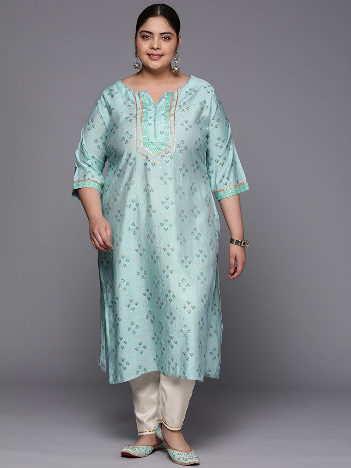 Plus Size Blue Yoke Design Silk Straight Kurta