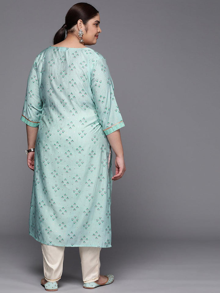 Plus Size Blue Yoke Design Silk Straight Kurta