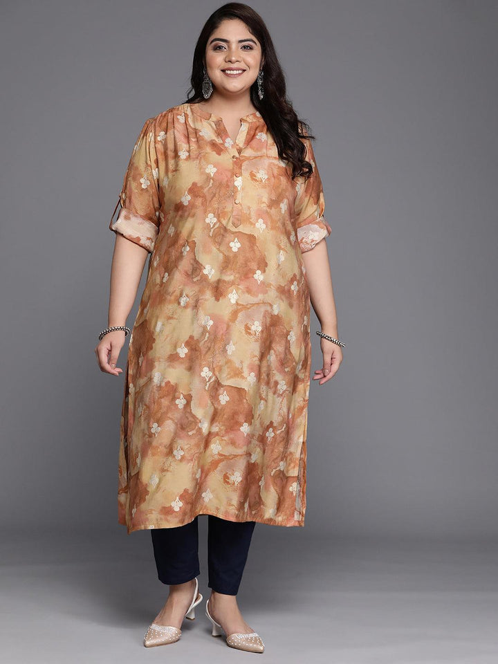 Plus Size Brown Printed Silk Straight Kurta