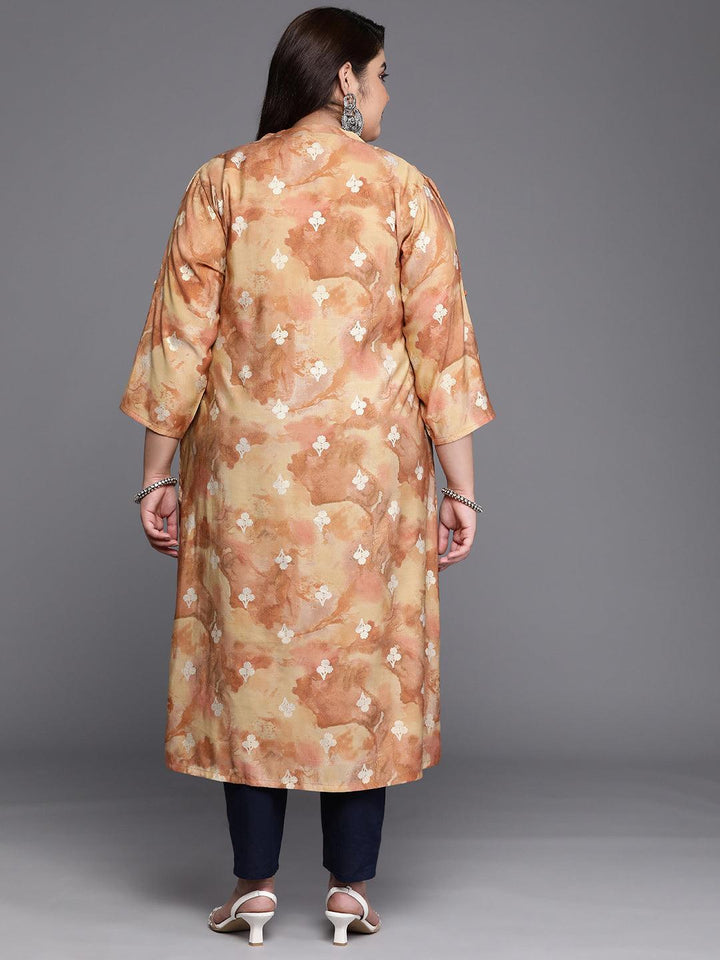 Plus Size Brown Printed Silk Straight Kurta