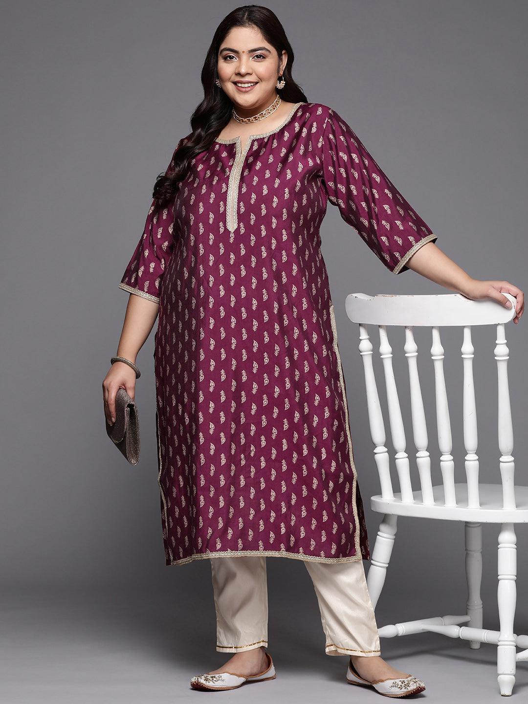 Plus Size Burgundy Printed Silk Straight Kurta - ShopLibas