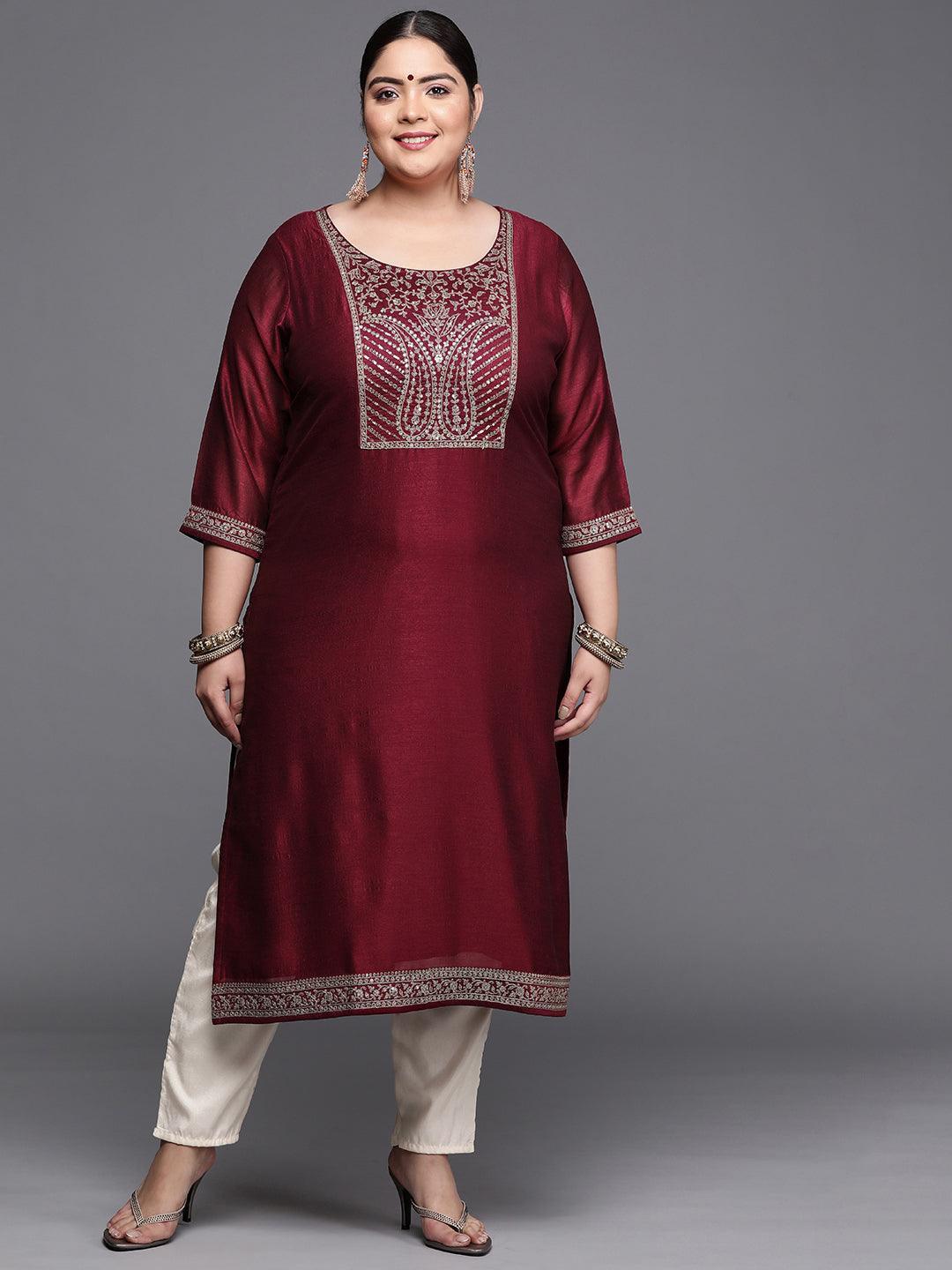 Plus Size Burgundy Yoke Design Silk Kurta - ShopLibas
