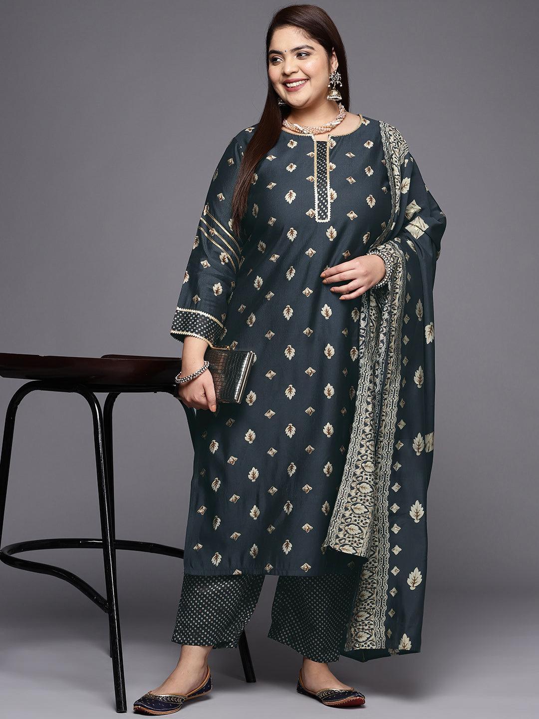 Plus Size Charcoal Printed Silk Blend Straight Suit Set - ShopLibas