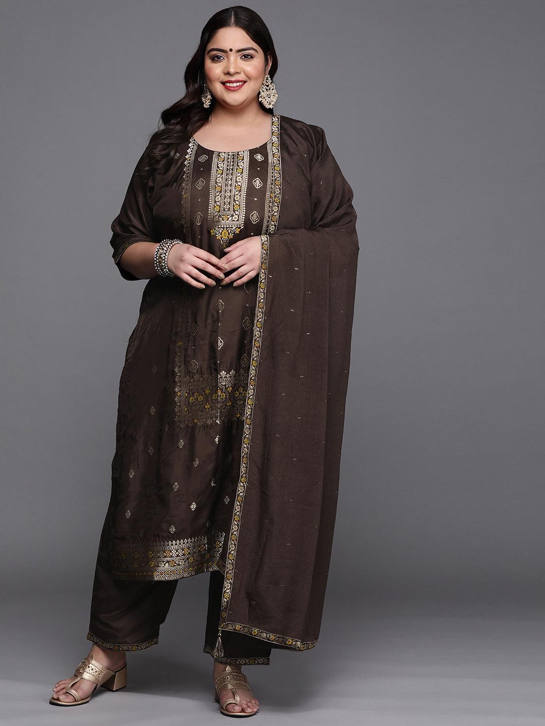 Plus Size Coffee Brown Self Design Silk Blend Suit Set - ShopLibas
