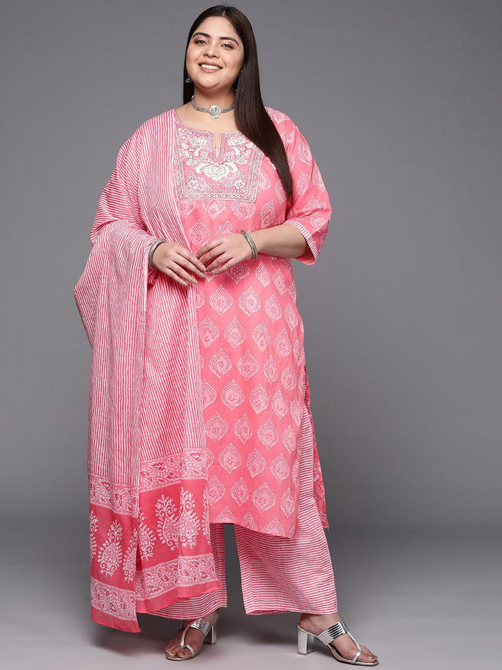 Plus Size Coral Yoke Design Cotton Suit Set With Trousers