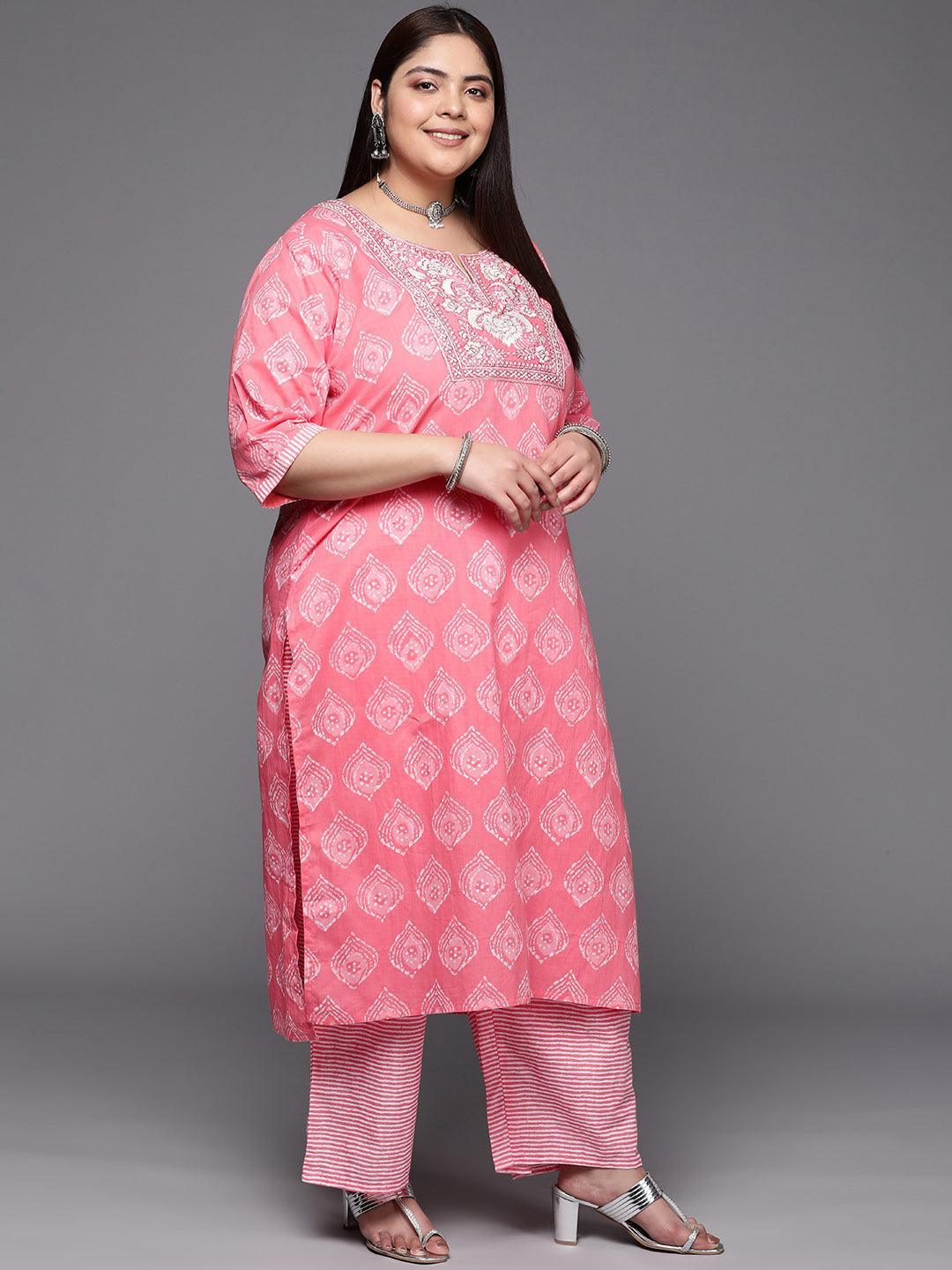 Plus Size Coral Yoke Design Cotton Suit Set With Trousers - ShopLibas