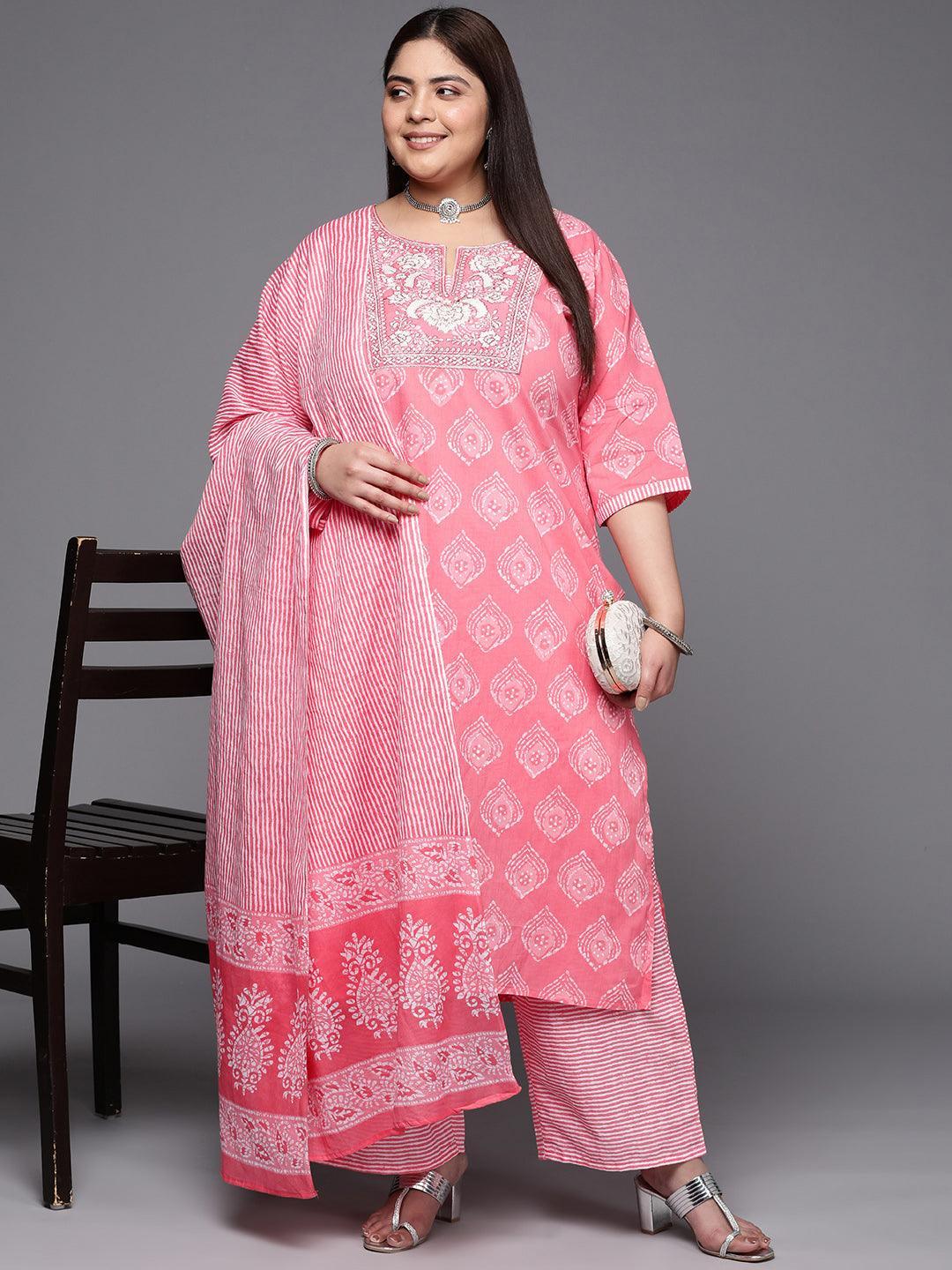 Plus Size Coral Yoke Design Cotton Suit Set With Trousers - ShopLibas