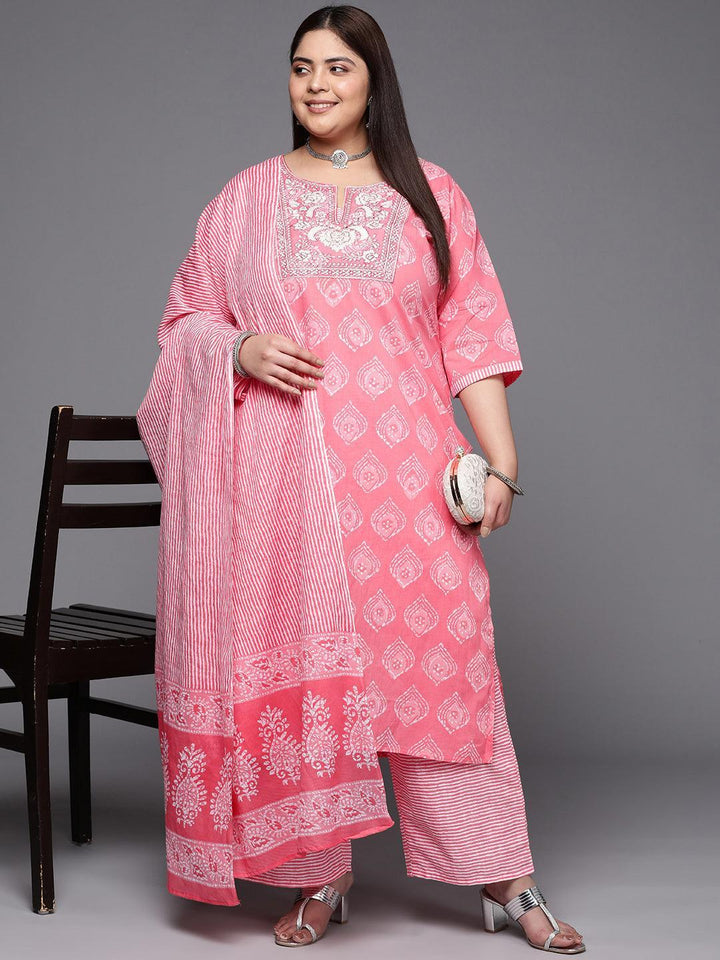 Plus Size Coral Yoke Design Cotton Suit Set With Trousers