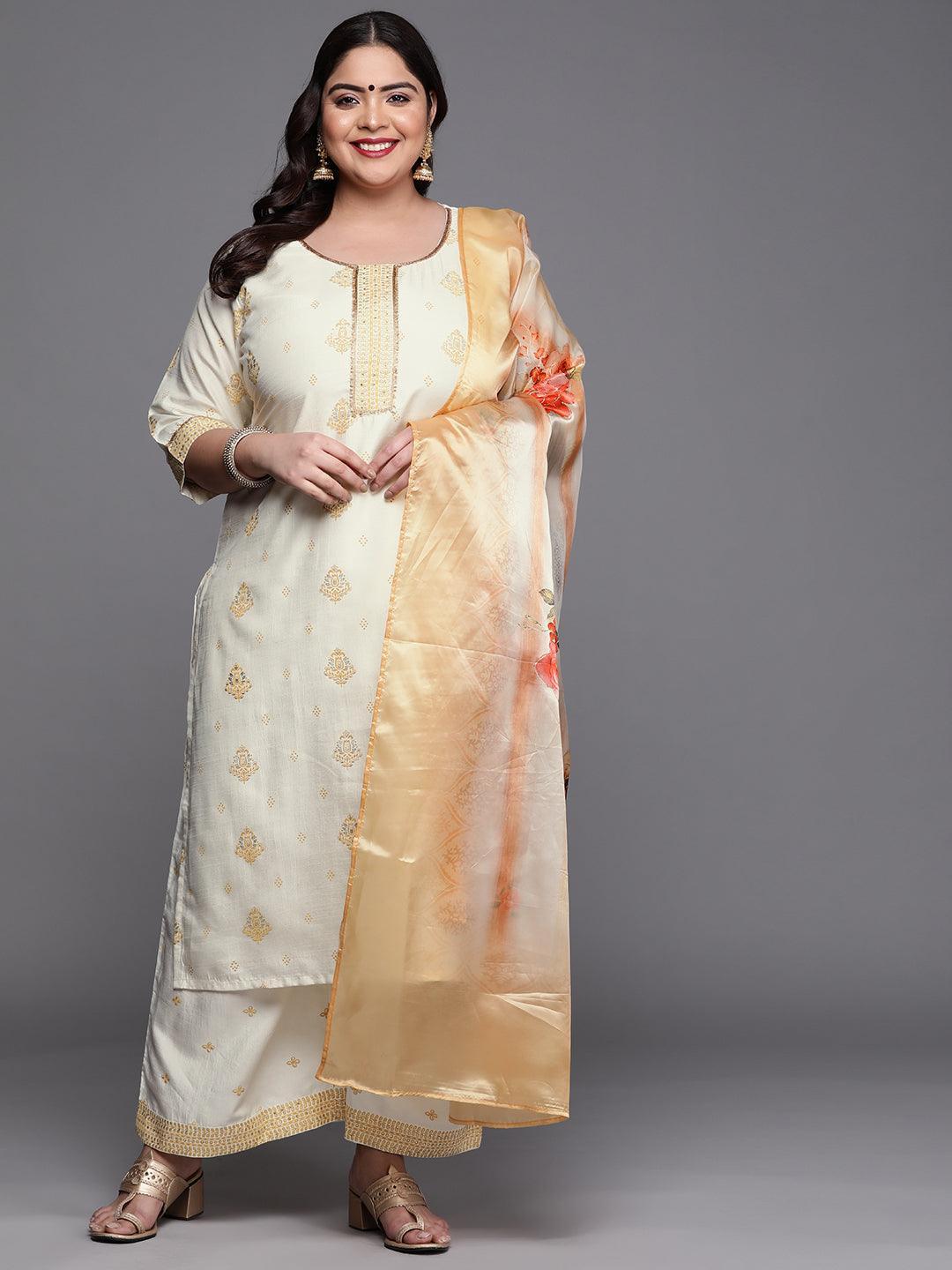 Plus Size Cream Printed Silk Blend Suit Set - ShopLibas