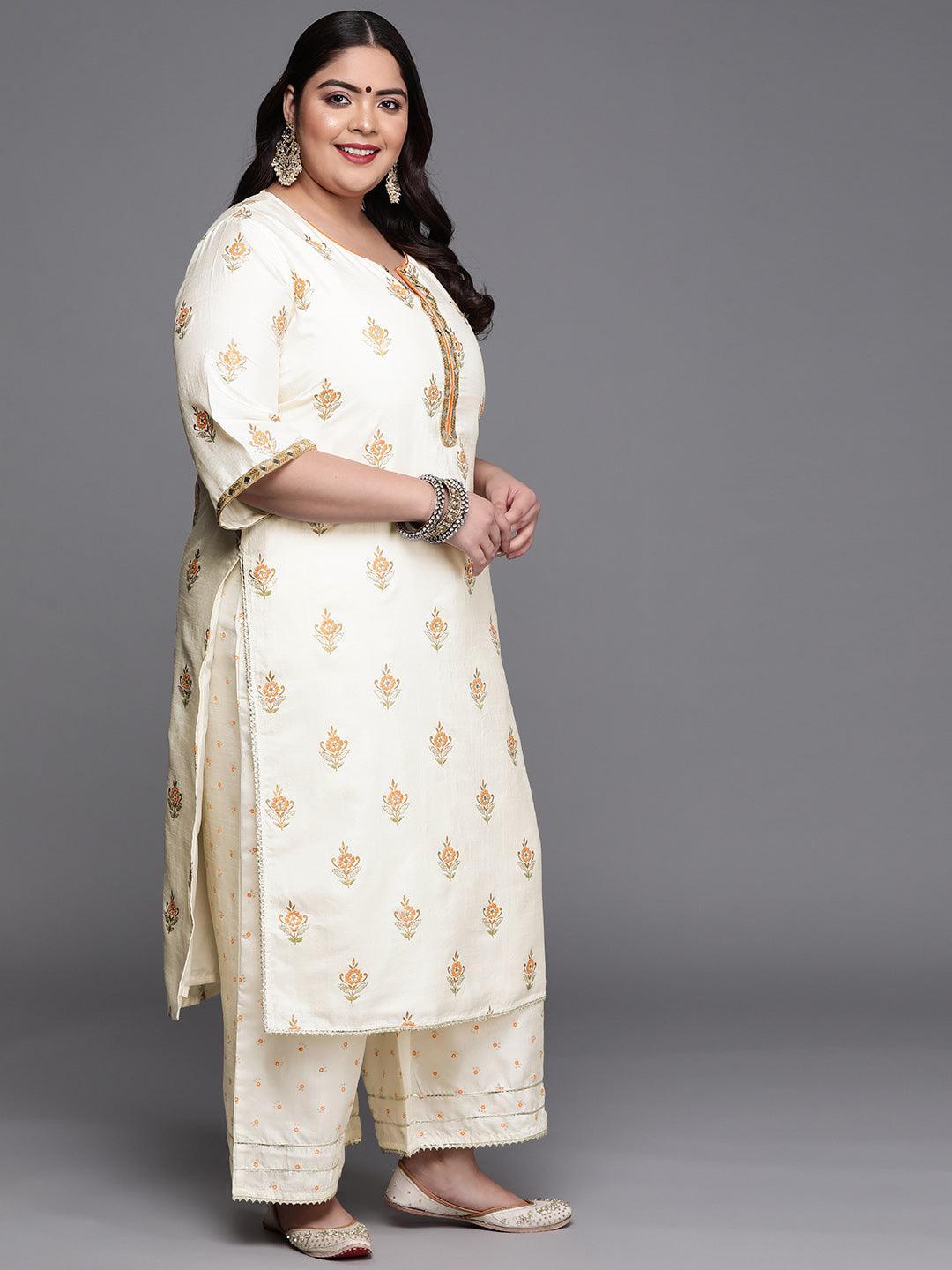 Plus Size Cream Printed Silk Blend Suit Set - ShopLibas