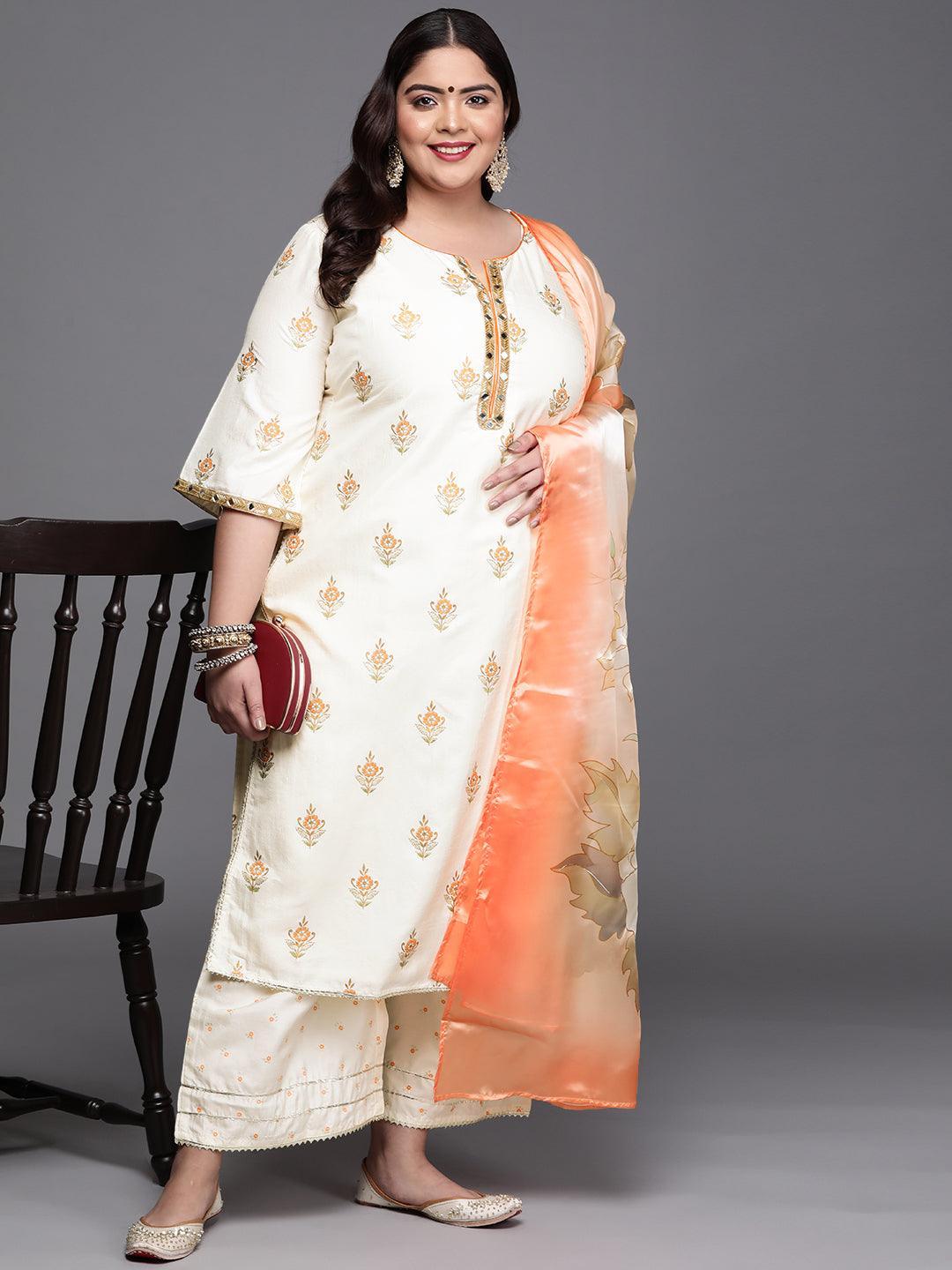 Plus Size Cream Printed Silk Blend Suit Set - ShopLibas