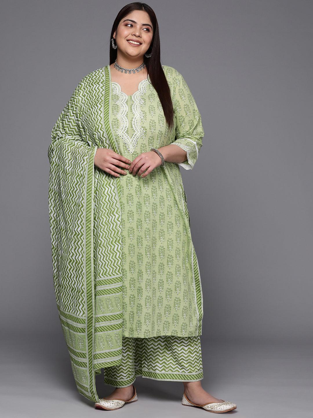 Plus Size Green Embroidered Cotton Suit Set With Trousers - ShopLibas