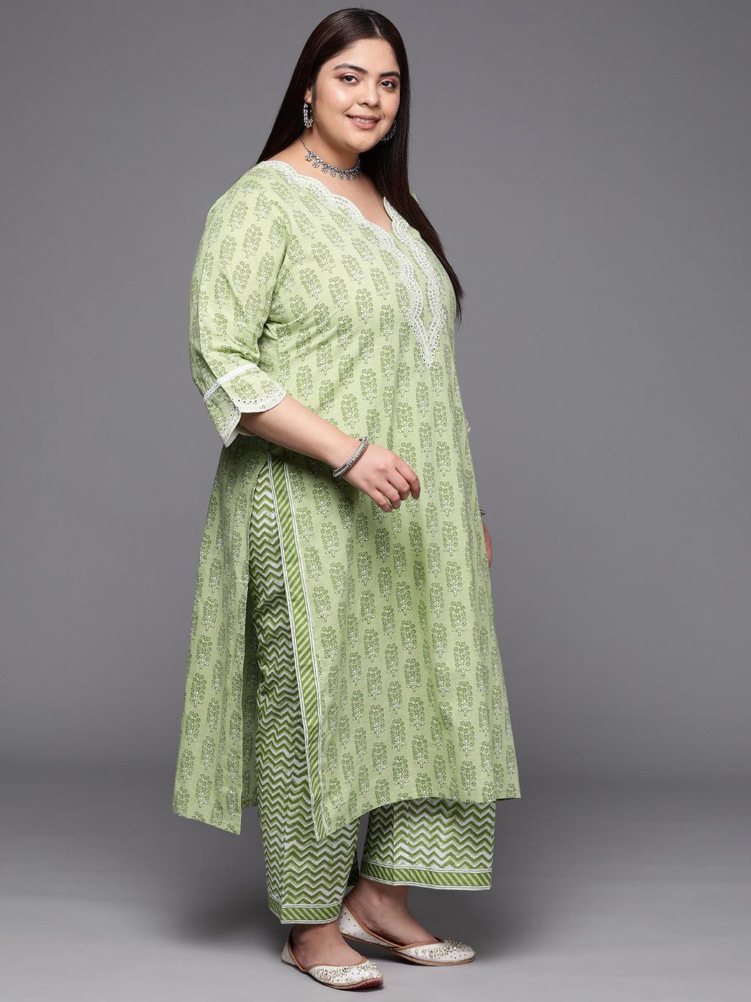 Plus Size Green Embroidered Cotton Suit Set With Trousers - ShopLibas