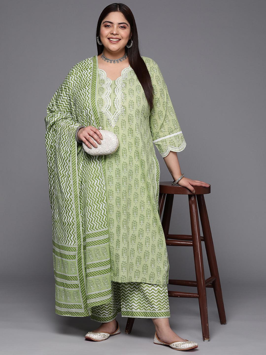 Plus Size Green Embroidered Cotton Suit Set With Trousers - ShopLibas