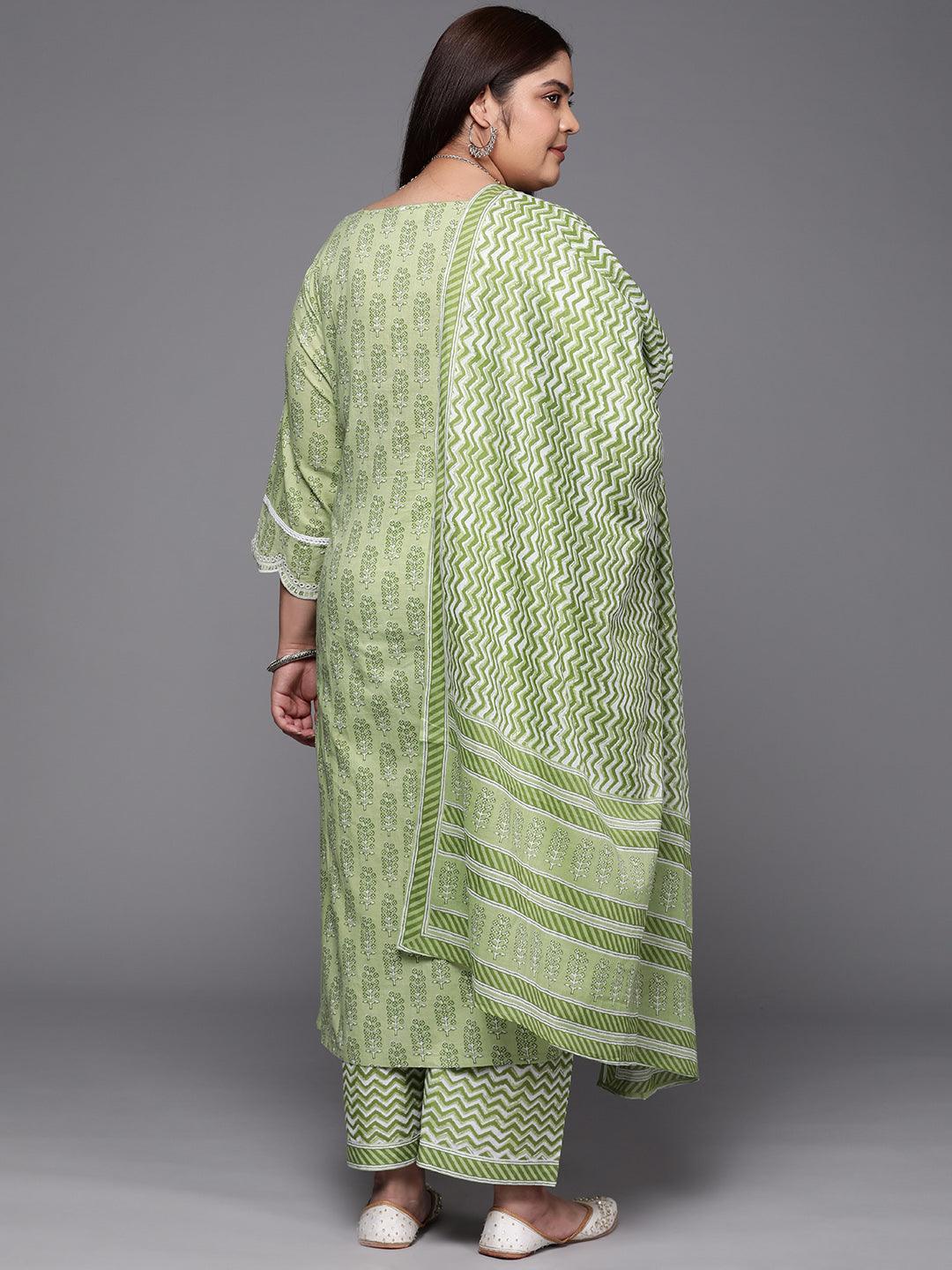 Plus Size Green Embroidered Cotton Suit Set With Trousers - ShopLibas