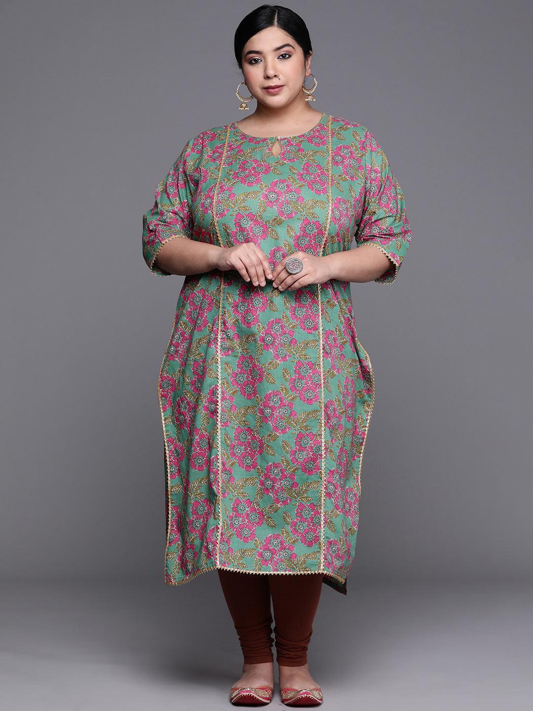 Plus Size Green Printed Cotton Kurta - ShopLibas