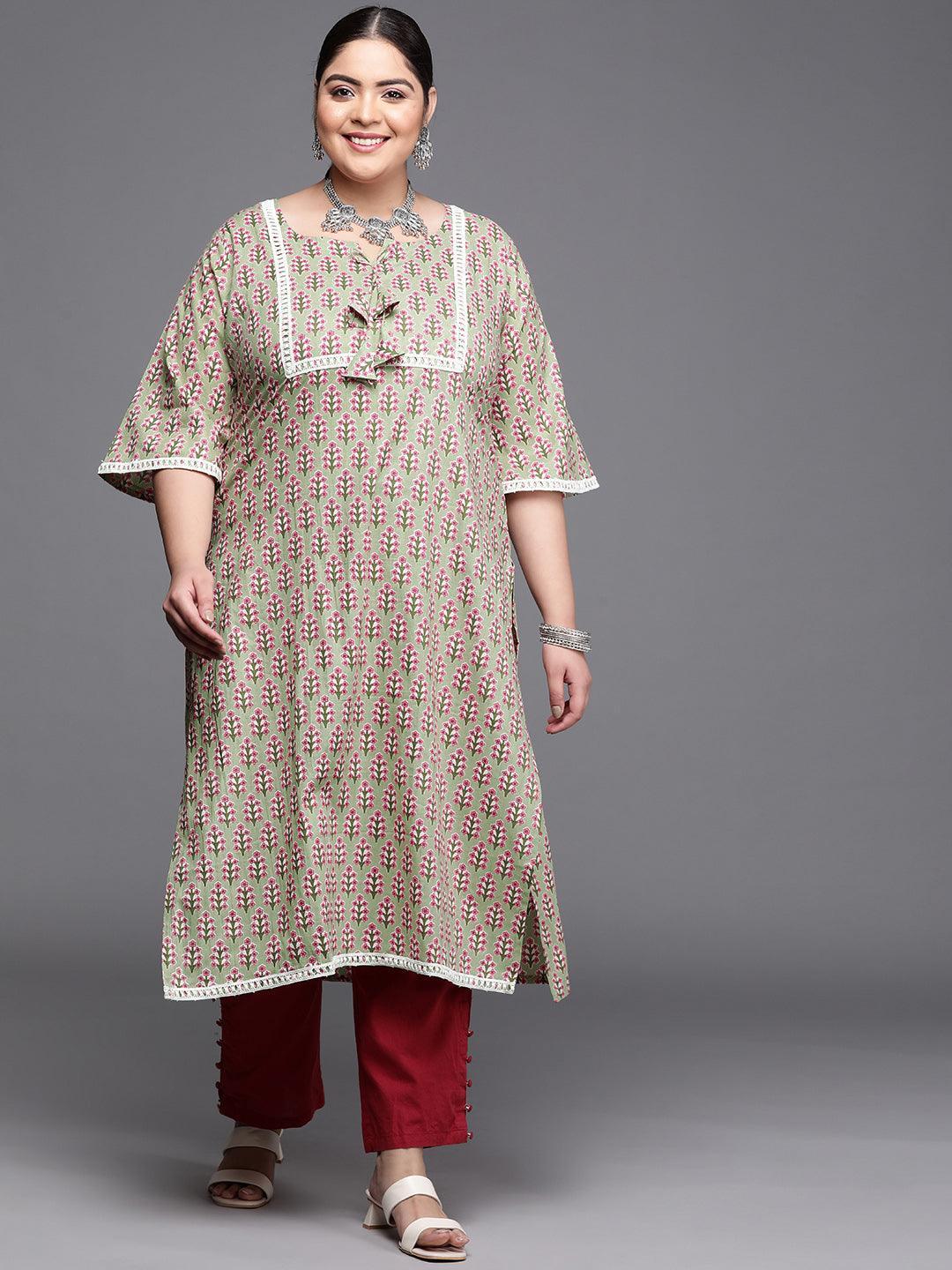Plus Size Green Printed Cotton Kurta - ShopLibas