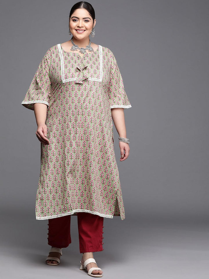 Plus Size Green Printed Cotton Kurta