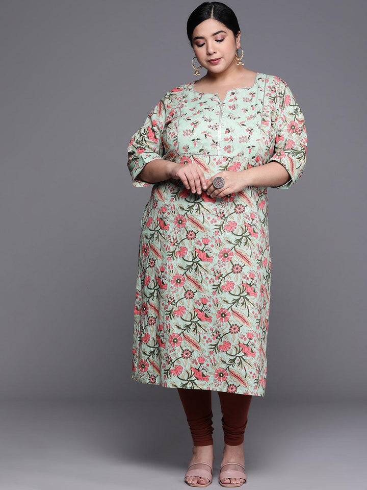 Plus Size Green Printed Cotton Kurta