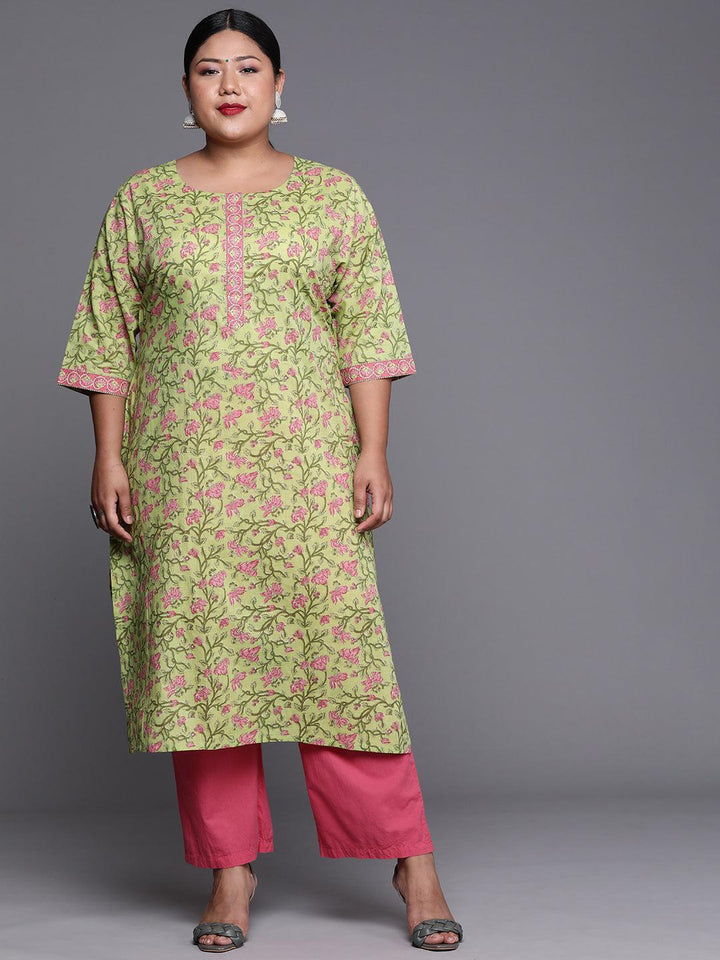 Plus Size Green Printed Cotton Kurta