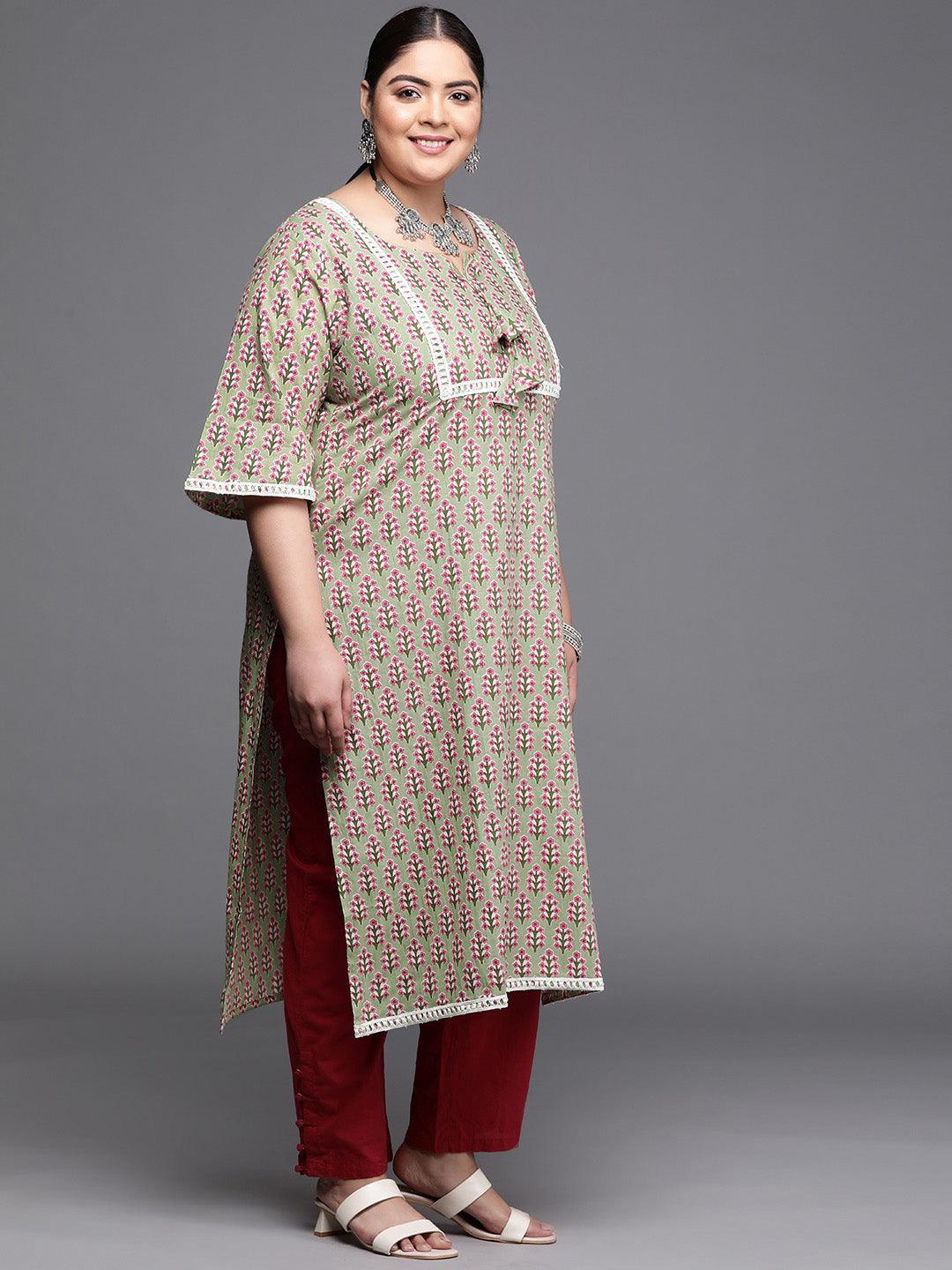 Plus Size Green Printed Cotton Kurta - ShopLibas