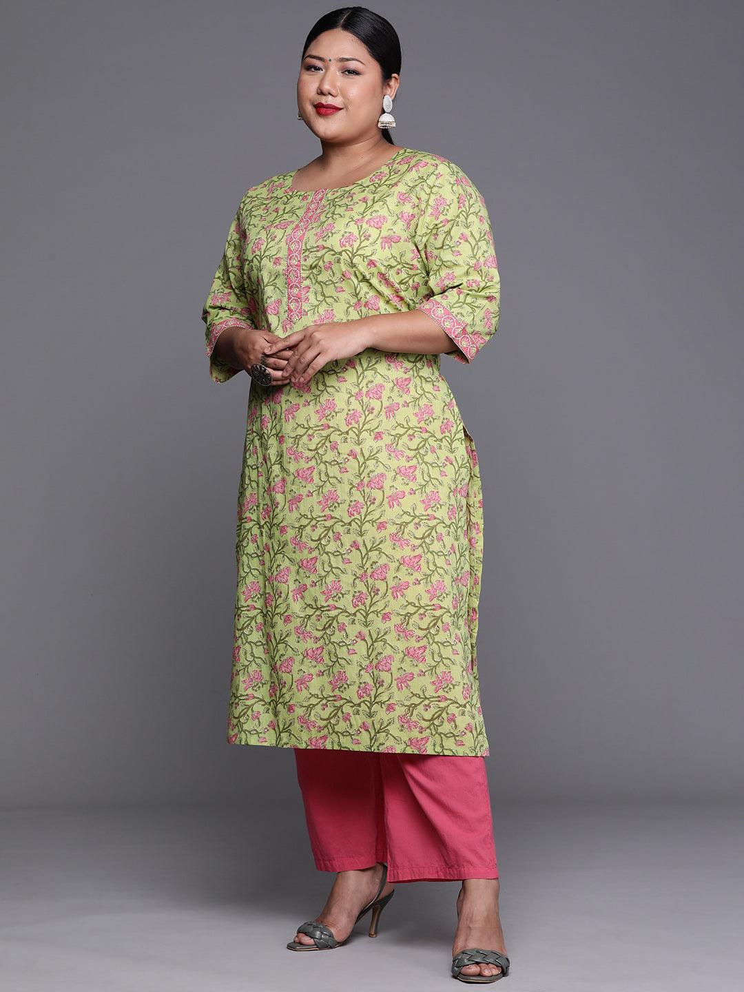 Plus Size Green Printed Cotton Kurta - ShopLibas