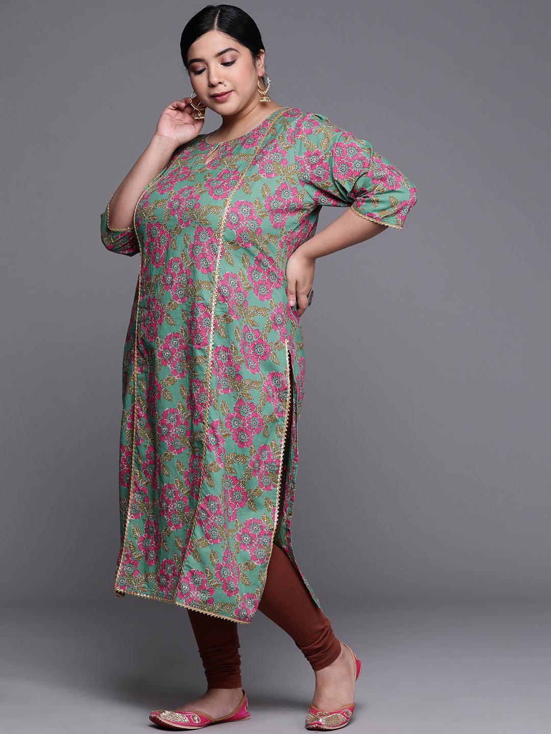 Plus Size Green Printed Cotton Kurta - ShopLibas