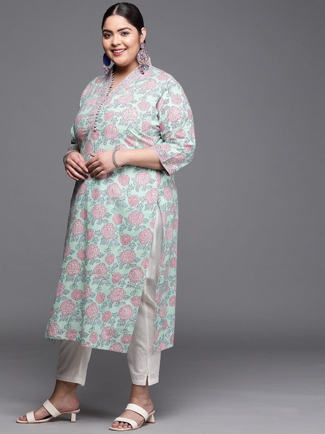Plus Size Green Printed Cotton Kurta - ShopLibas