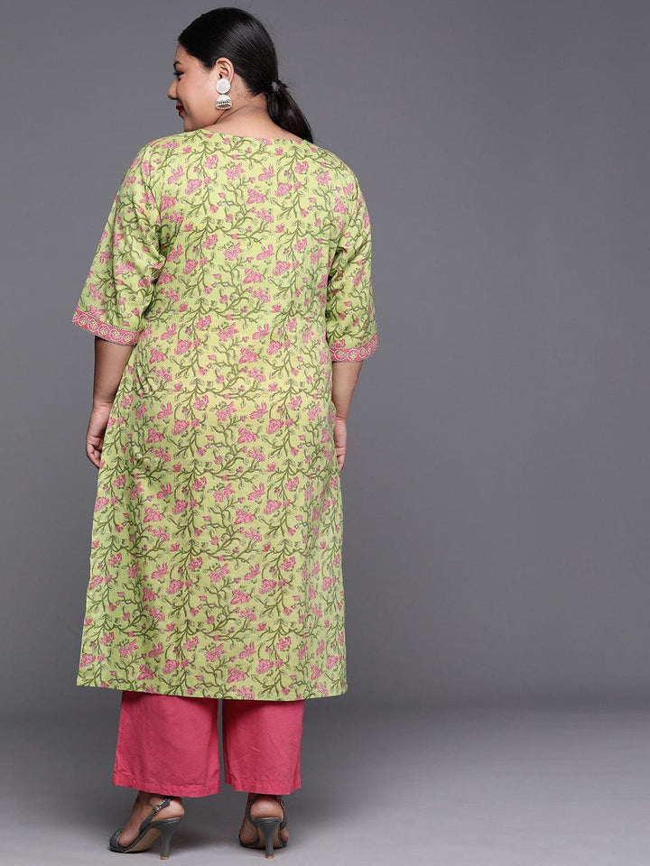 Plus Size Green Printed Cotton Kurta