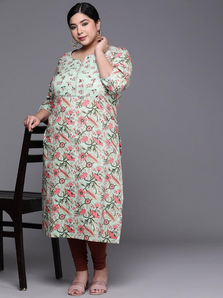 Plus Size Green Printed Cotton Kurta