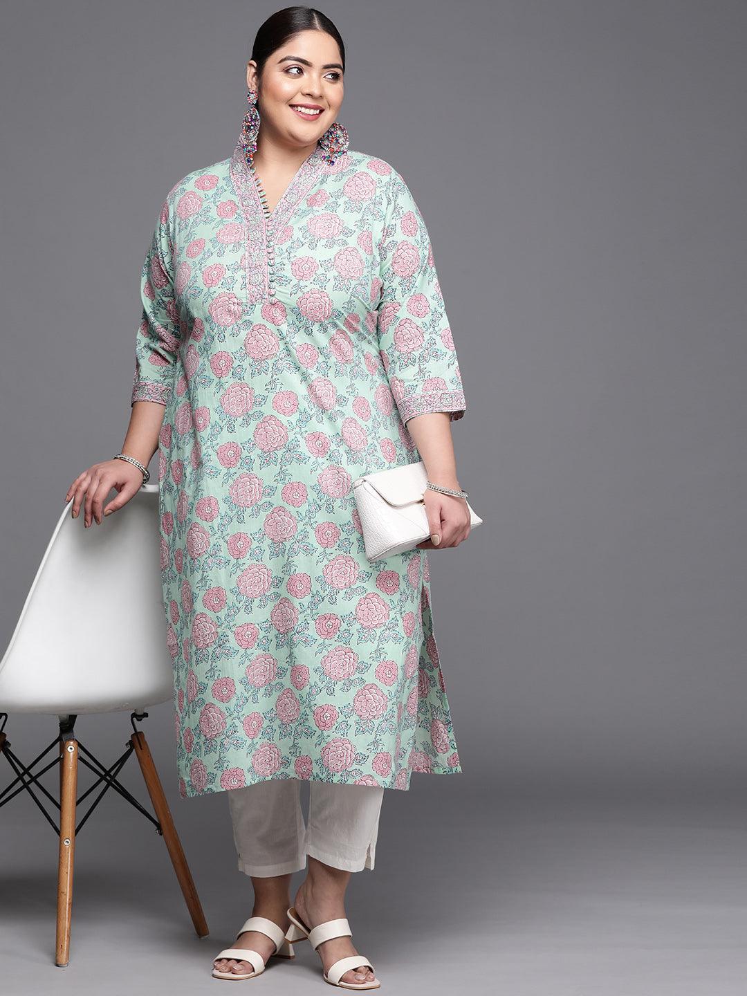 Plus Size Green Printed Cotton Kurta - ShopLibas