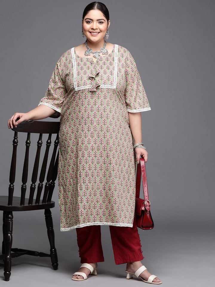 Plus Size Green Printed Cotton Kurta