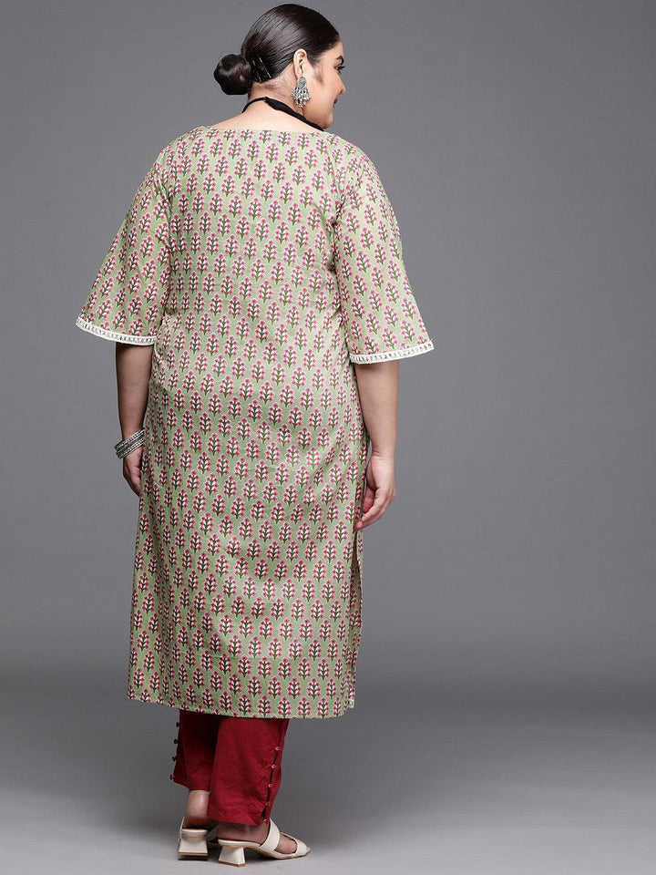 Plus Size Green Printed Cotton Kurta