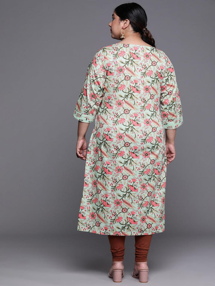 Plus Size Green Printed Cotton Kurta