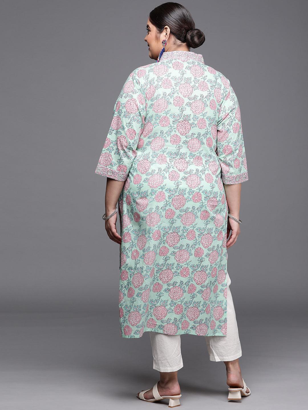 Plus Size Green Printed Cotton Kurta - ShopLibas