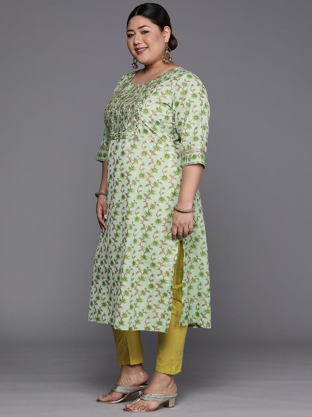 Plus Size Green Printed Cotton Silk Straight Kurta - ShopLibas