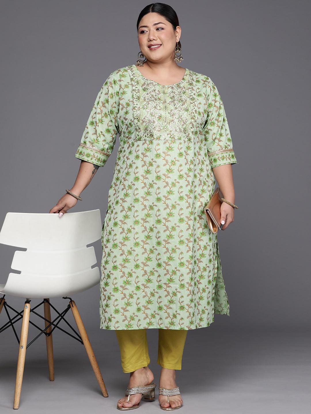 Plus Size Green Printed Cotton Silk Straight Kurta - ShopLibas