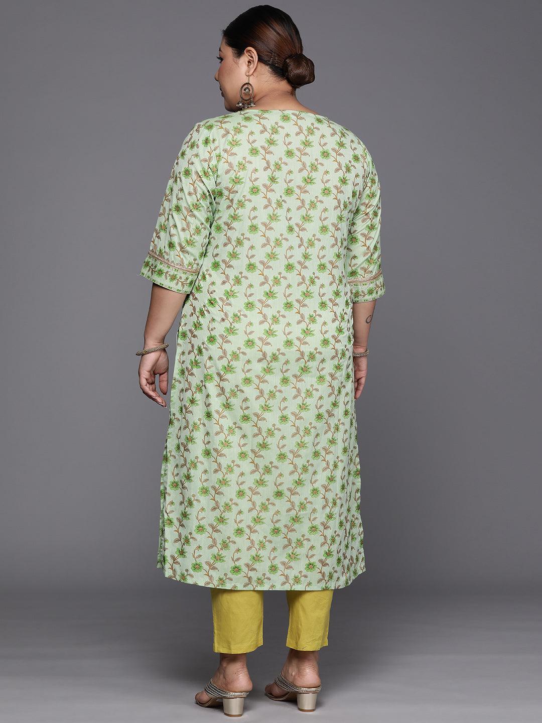 Plus Size Green Printed Cotton Silk Straight Kurta - ShopLibas