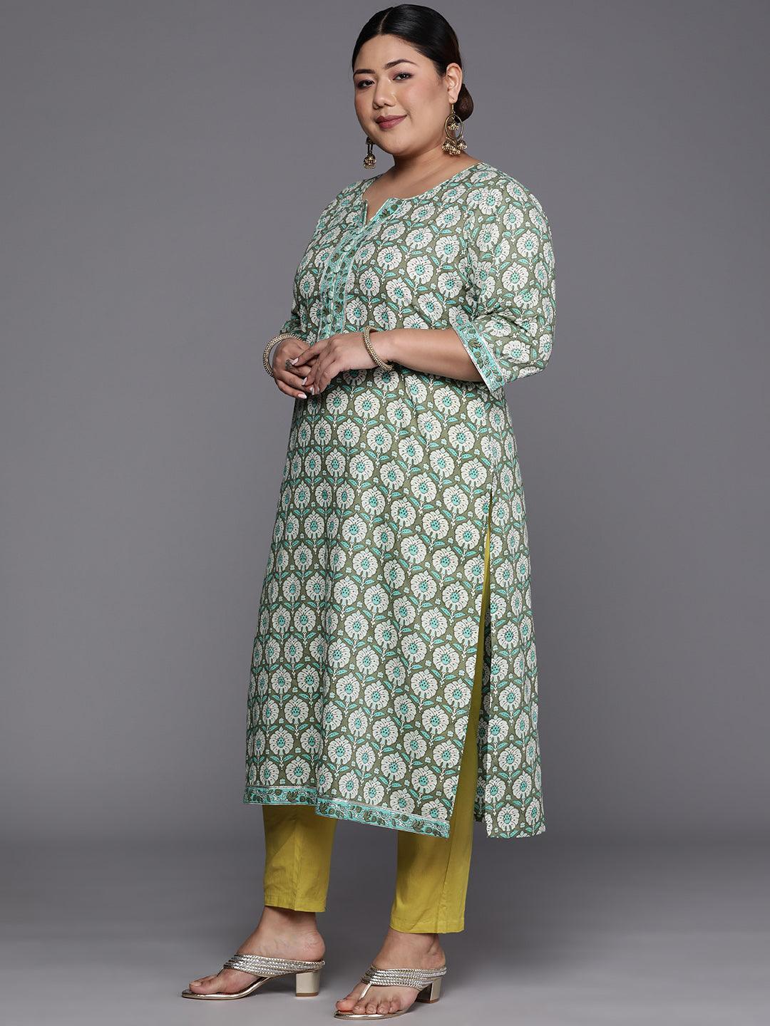 Plus Size Green Printed Cotton Straight Kurta - ShopLibas