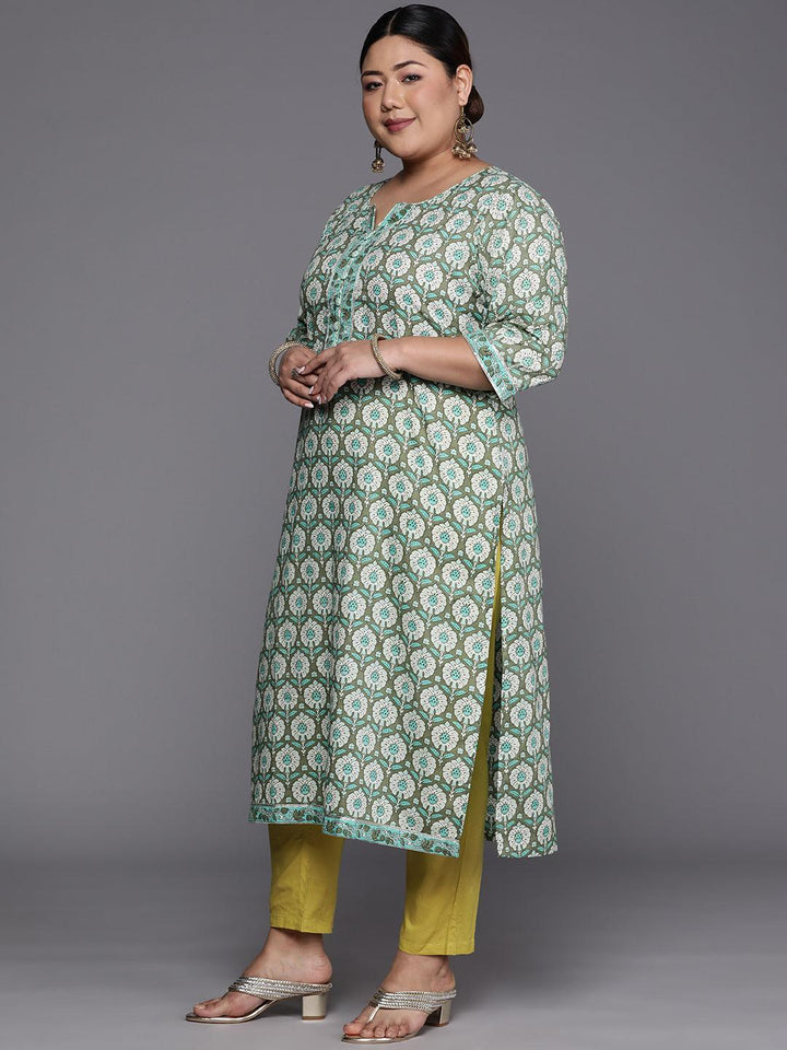 Plus Size Green Printed Cotton Straight Kurta