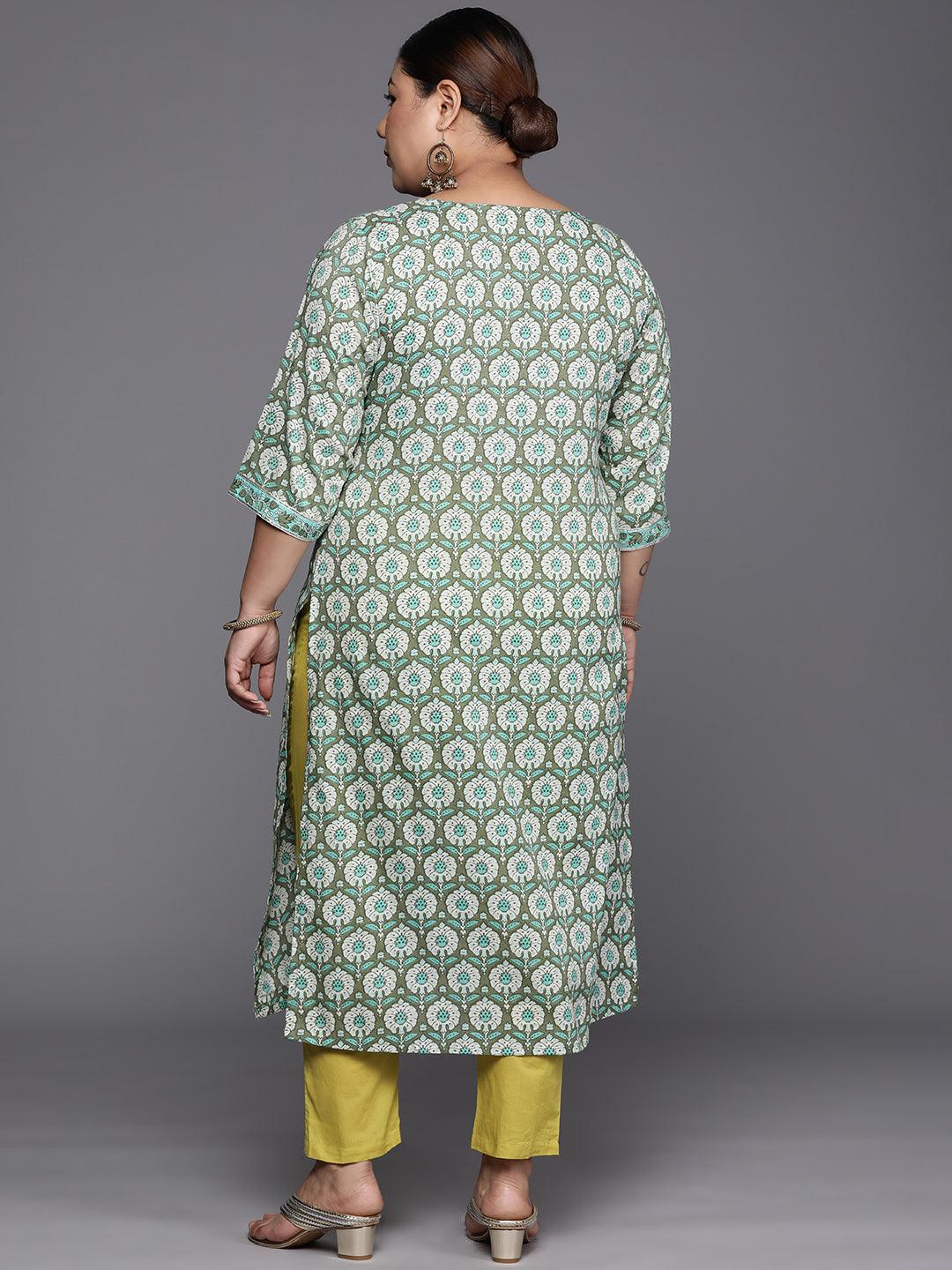 Plus Size Green Printed Cotton Straight Kurta - ShopLibas