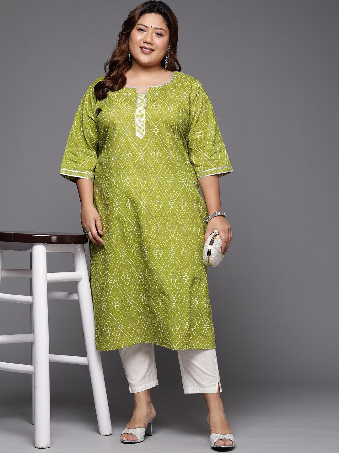 Plus Size Green Printed Cotton Straight Kurta - ShopLibas