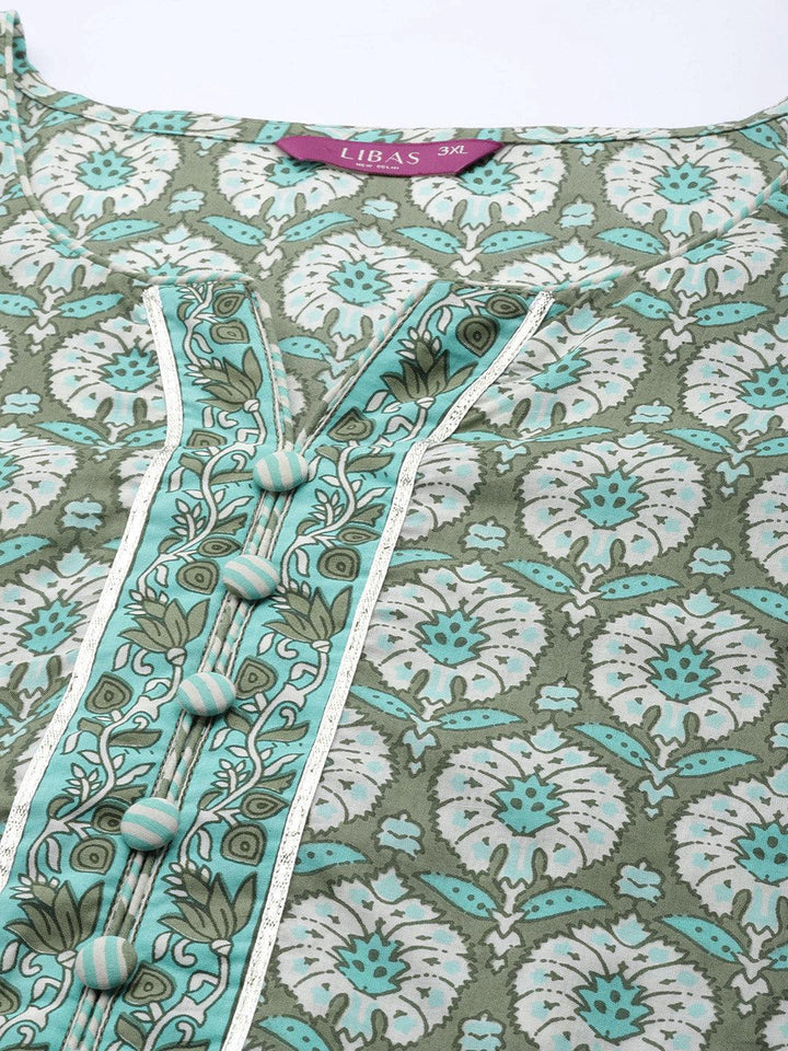 Plus Size Green Printed Cotton Straight Kurta