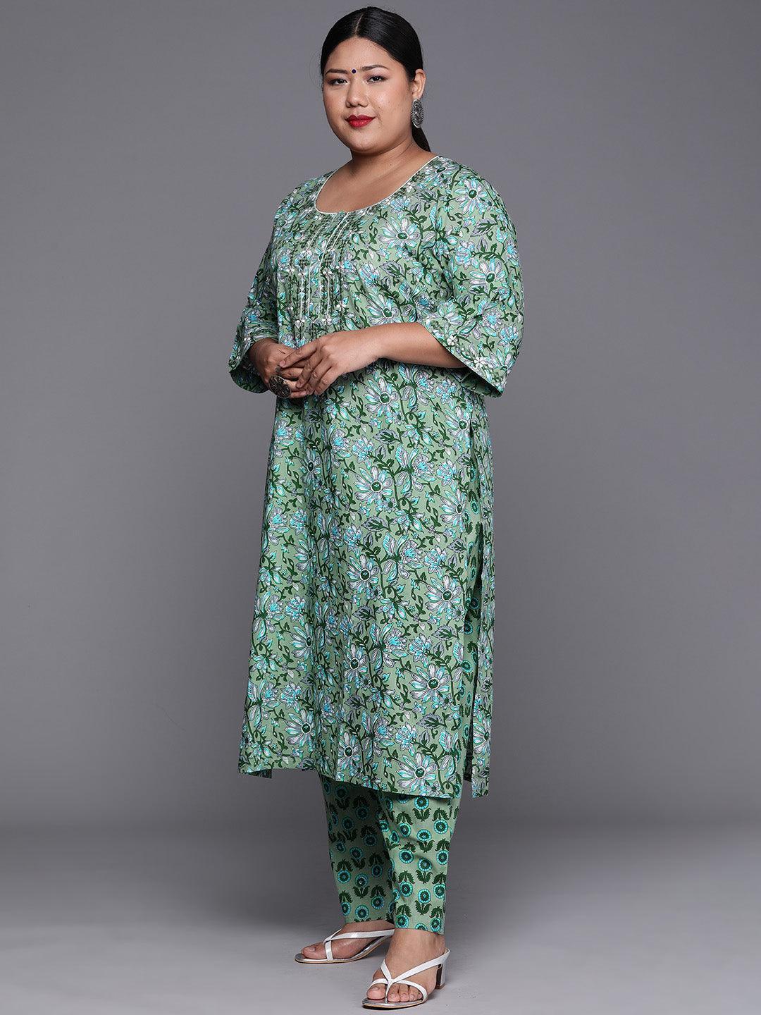 Plus Size Green Printed Cotton Suit Set - Libas