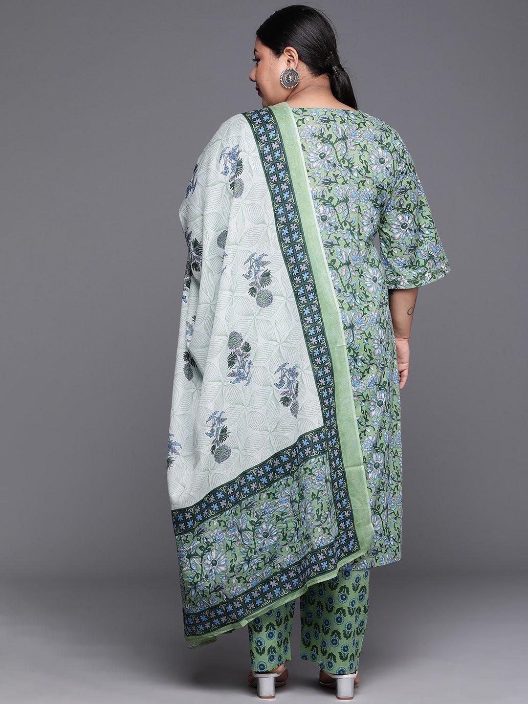 Plus Size Green Printed Cotton Suit Set - Libas