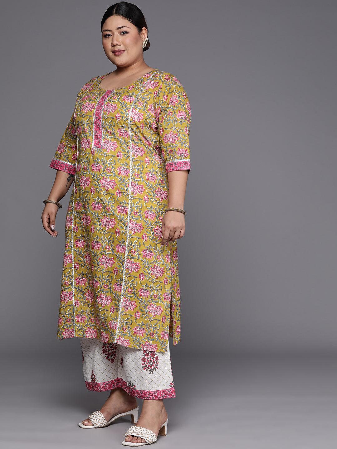 Plus Size Green Printed Cotton Straight Suit Set - ShopLibas