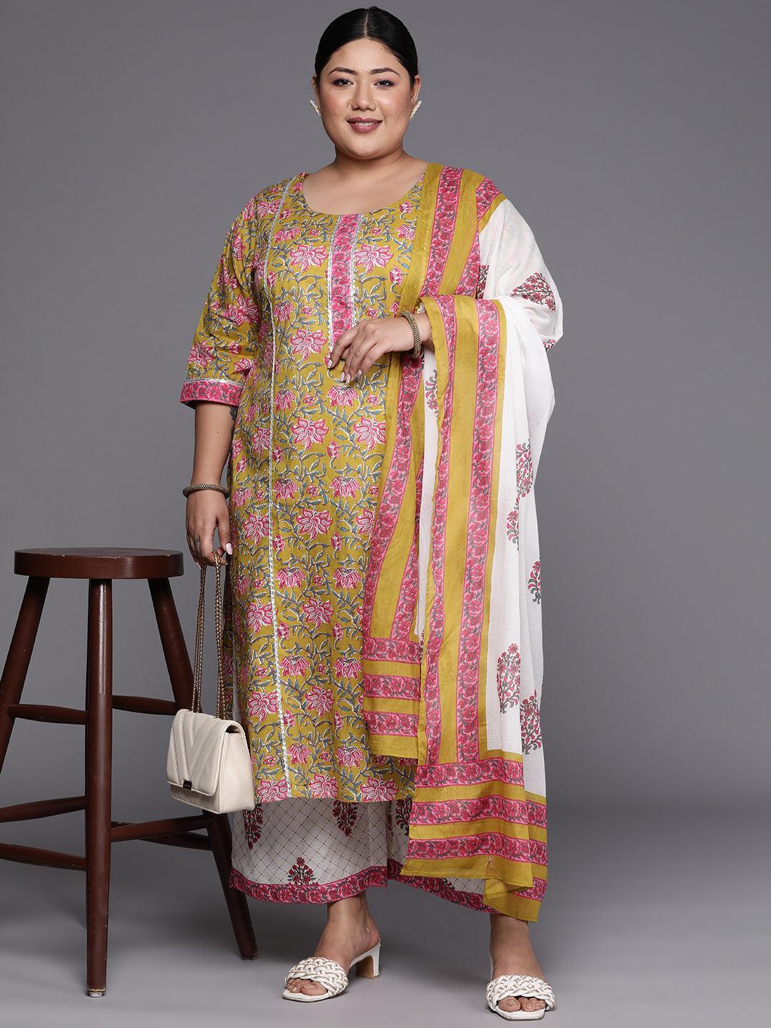 Plus Size Green Printed Cotton Straight Suit Set - ShopLibas