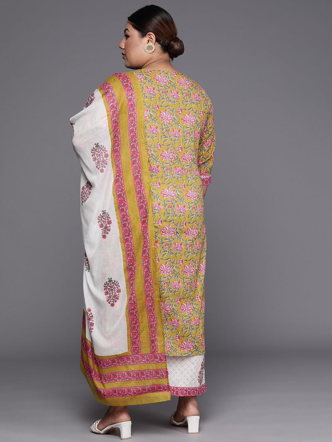 Plus Size Green Printed Cotton Straight Suit Set - ShopLibas