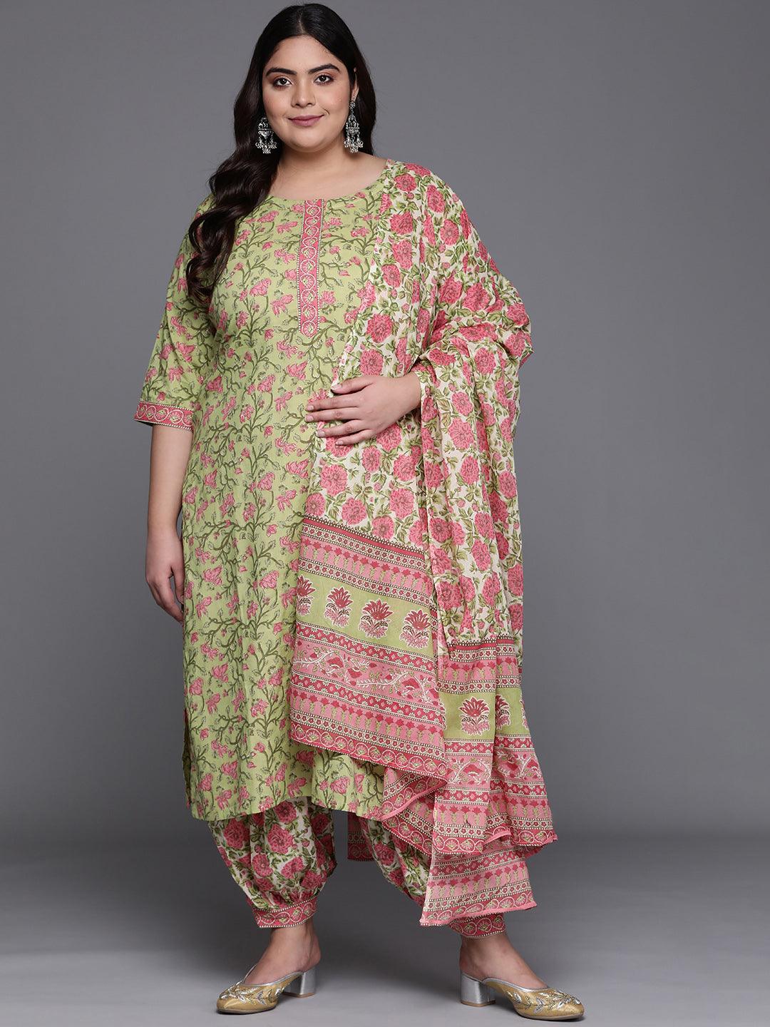 Plus Size Green Printed Cotton Suit Set - ShopLibas