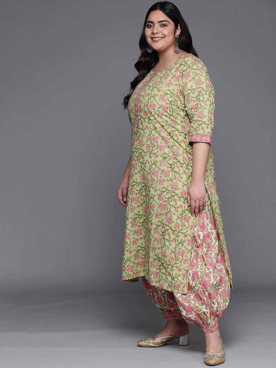 Plus Size Green Printed Cotton Suit Set - ShopLibas